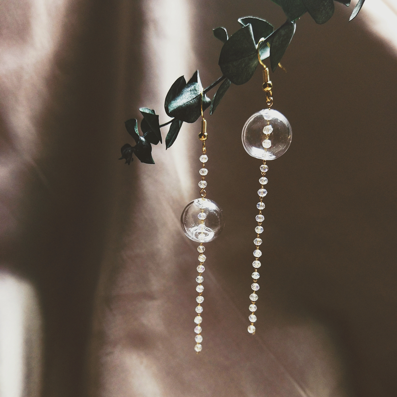 HiOnion水晶流苏长款玻璃球耳环