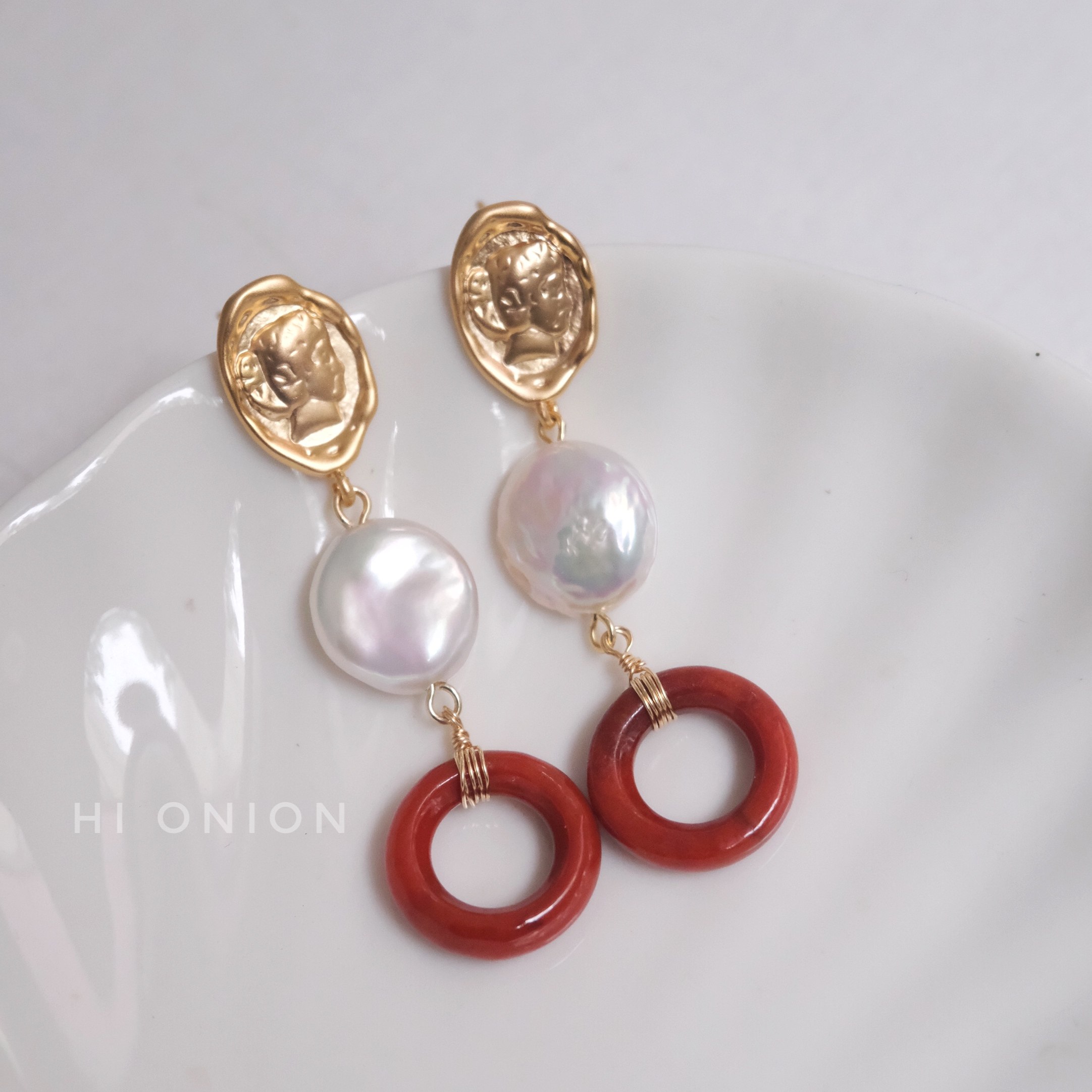 Hi Onion原创小众设计复古巴洛克珍珠玉石耳钉耳夹个性复古新中式