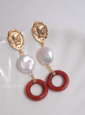 Hi Onion原创小众设计复古巴洛克珍珠玉石耳钉耳夹个性复古新中式