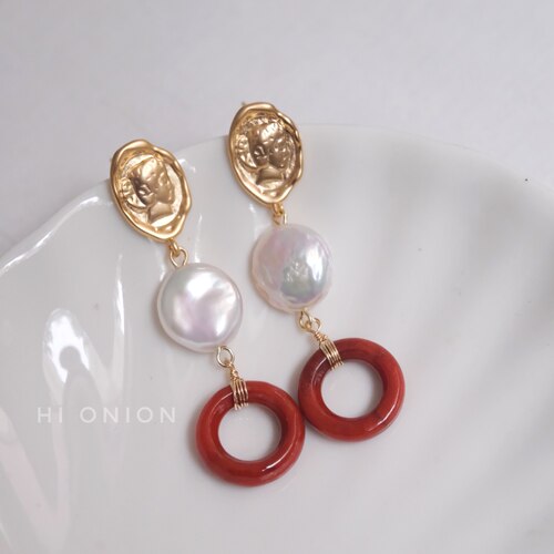 Hi Onion原创小众设计复古巴洛克珍珠玉石耳钉耳夹个性复古新中式