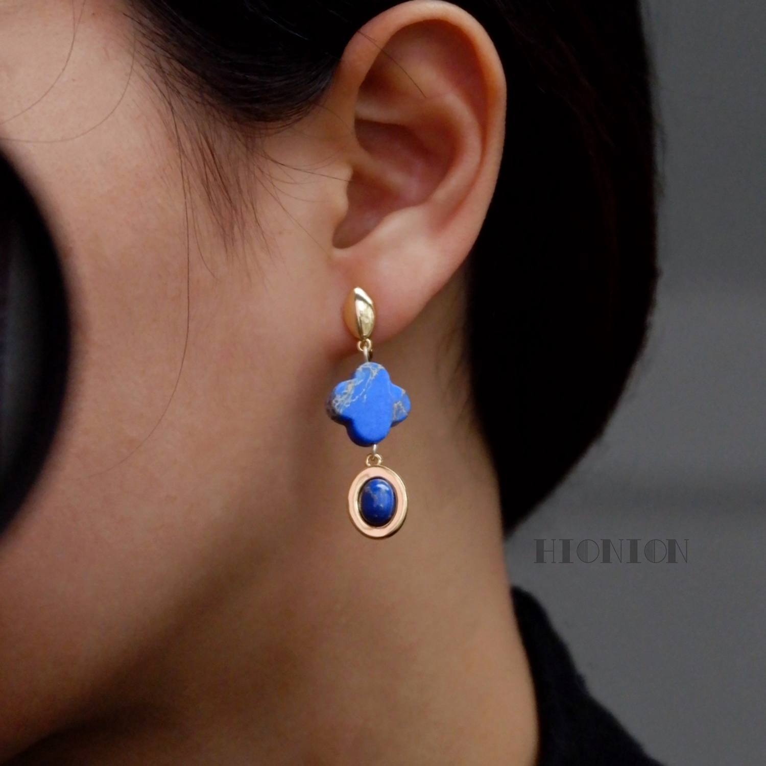 HiOnion蓝色四叶草耳钉耳夹