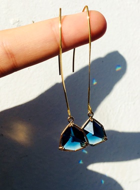 HiOnion原创设计14K包金小众长款耳环法式复古蓝色玻璃超闪仙耳夹