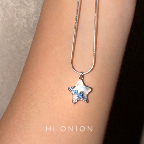 HiOnion超闪蓝色锆石白贝星星钛钢项链锁骨链小众个性毛衣链