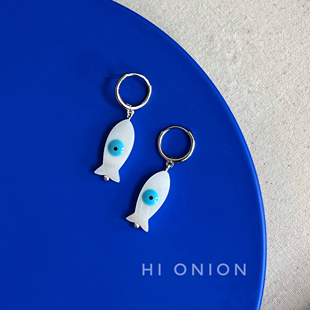高级感可水洗 Onion原创小众蓝色鱼s925银耳扣耳环耳夹百搭个性