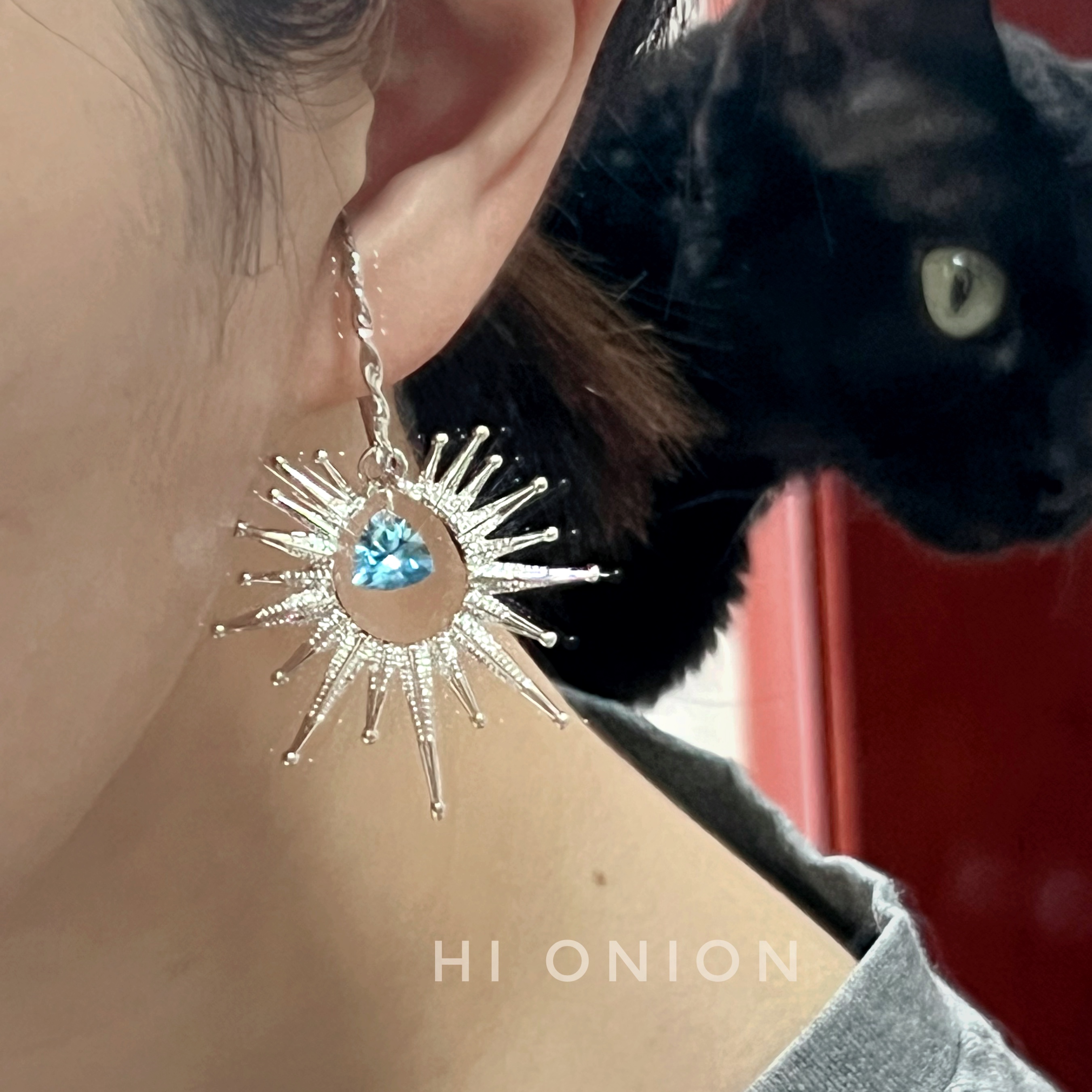 Hi Onion原创小众设计蓝锆石银色夸张耳环耳夹复古个性耳挂情侣