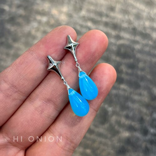 Hi Onion原创小众设计仿欧泊蓝色水滴耳钉耳夹个性男女耳饰显白