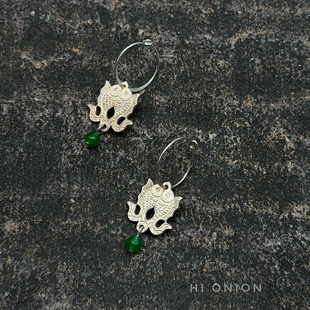 Hi Onion鱼游春水小众设计复古做旧新中式纯银耳环绿翡翠耳夹个性