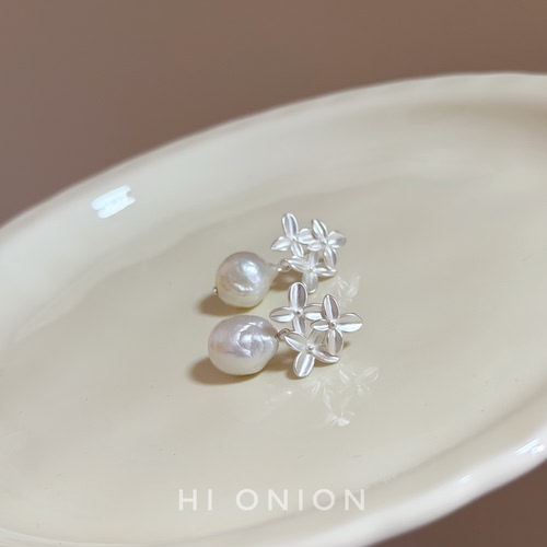 HiOnion桂花天然巴洛克珍珠银色耳钉精致优雅个性耳夹秋冬新品