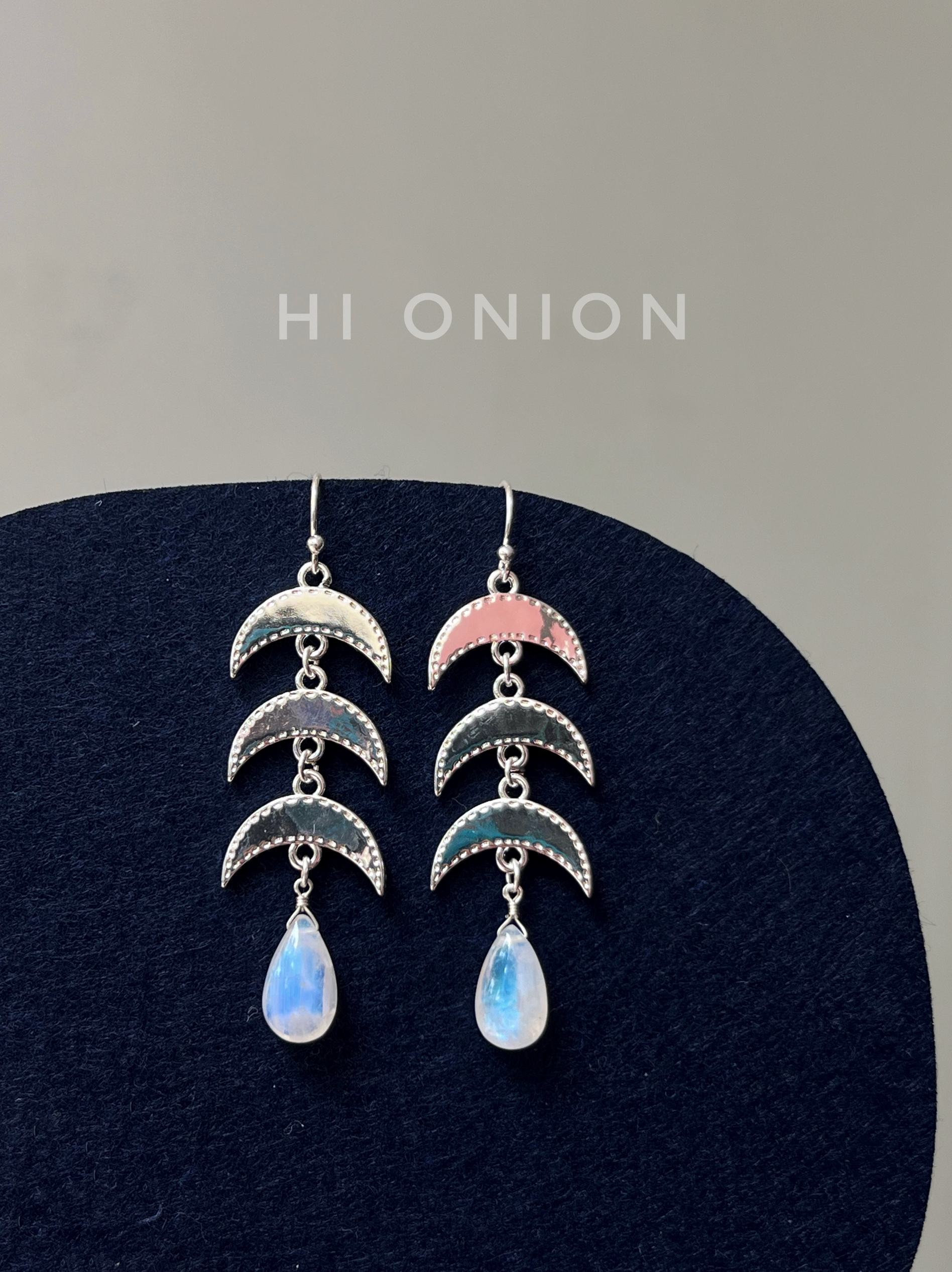 Hi Onion原创小众月光石蓝耳环S925银耳夹个性高级民族风清冷