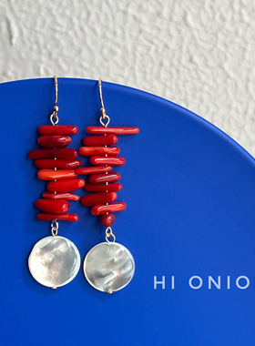 Hi Onion小众设计红色贝壳耳环耳夹喜庆新中式国风新娘耳饰复古