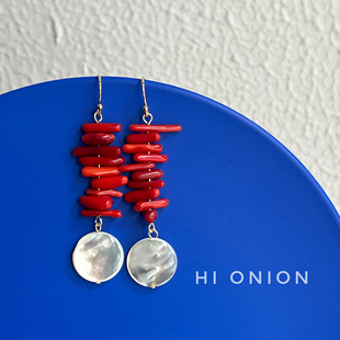 Hi Onion小众设计红色贝壳耳环耳夹喜庆新中式国风新娘耳饰复古