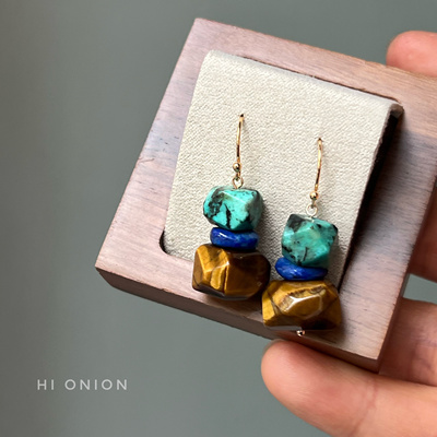 Hi Onion原创小众复古彩色天然石耳环耳钩新中式耳夹个性高级感