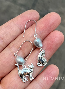 Hi Onion哈基咪s925银耳环天然淡水灰色巴洛克珍珠耳夹小众个性