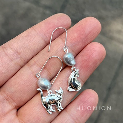 Hi Onion哈基咪s925银耳环天然淡水灰色巴洛克珍珠耳夹小众个性
