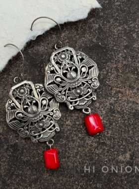 HiOnion《添福》原创复古做旧红色耳环夸张彝族风耳夹个性新中式