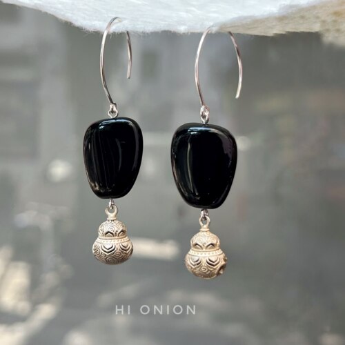 Hi Onion原创小众做旧复古黑色葫芦耳环耳夹S925银耳勾新中式个性