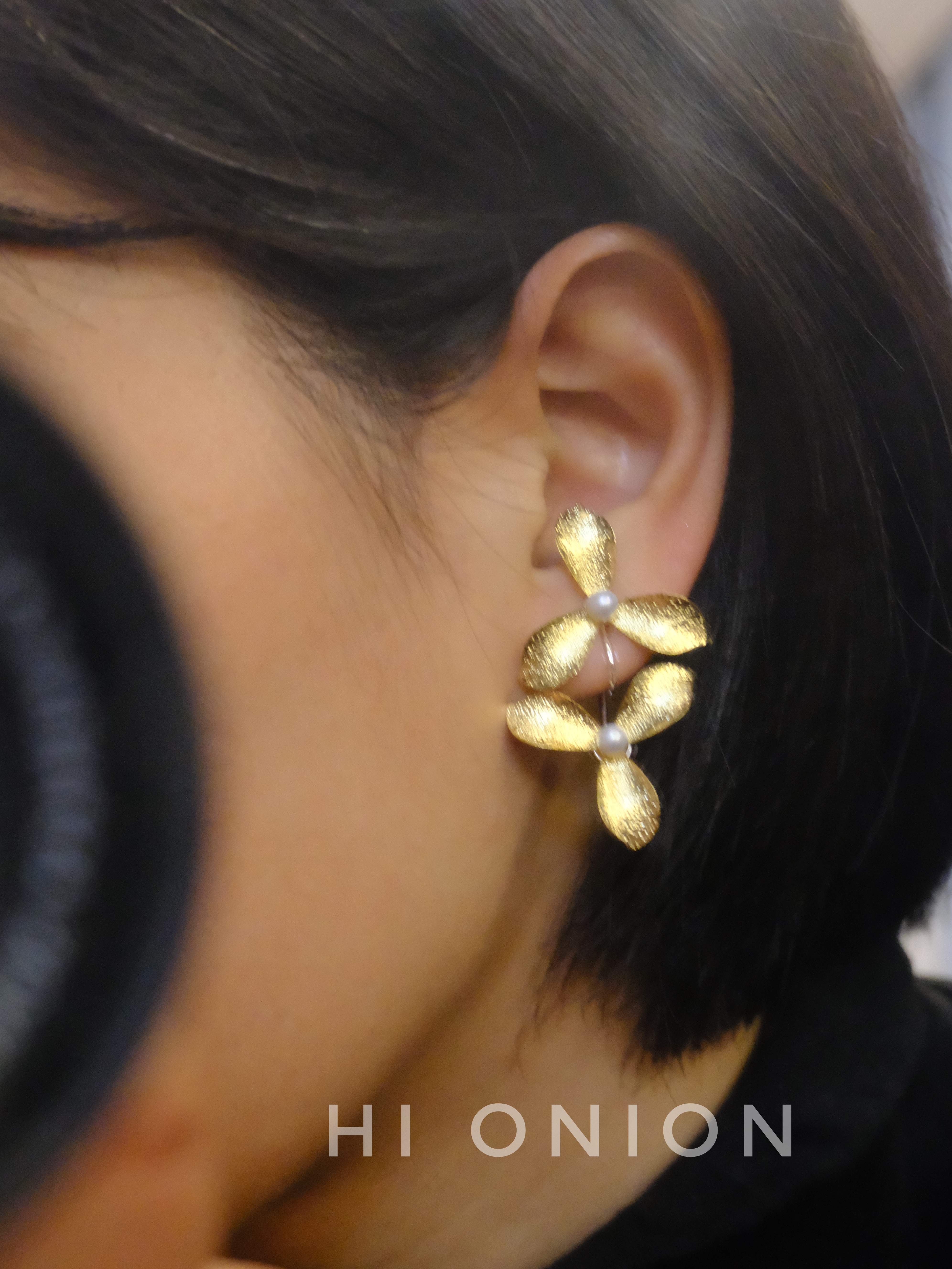 Hi Onion《桂》原创小众无耳洞珍珠耳夹耳钉磨砂金色夸张个性