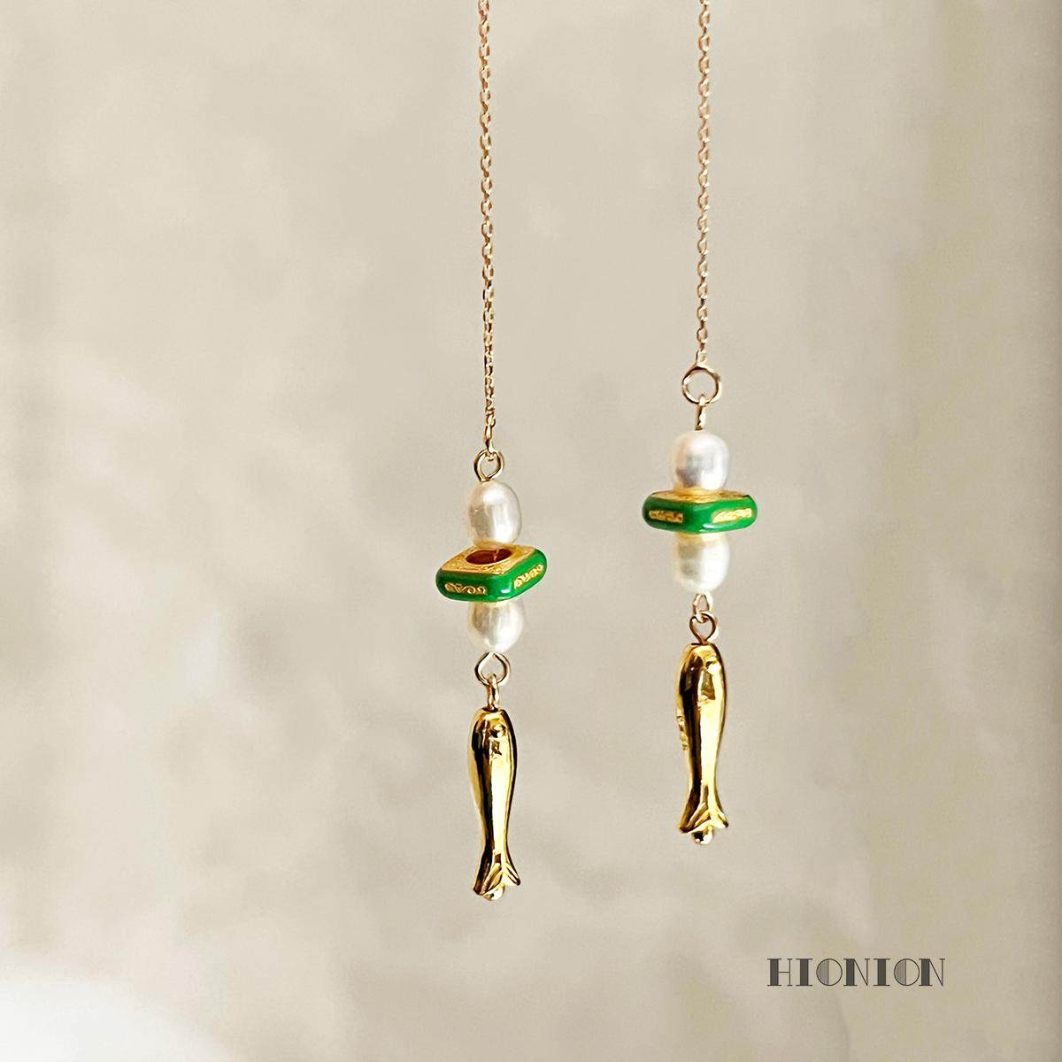 Hi Onion原创年年有余小众新中式鱼银镀金长款耳线耳环耳夹新中式,饰品/流行首饰/时尚饰品新,耳线,淘宝优惠券,粉丝福利购,淘宝优惠卷