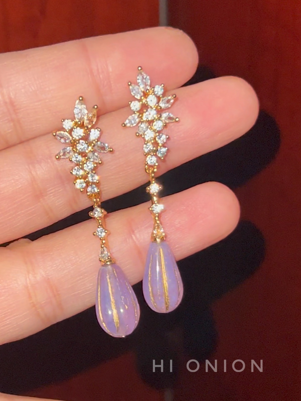 Hi Onion原创小众设计紫色宫廷复古锆石超闪耳钉轻奢耳夹长款个性