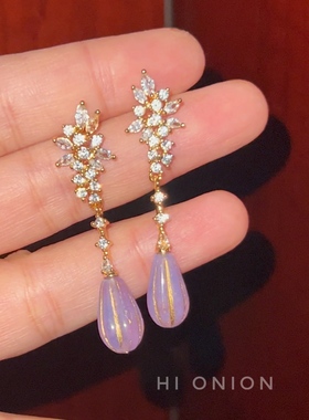 Hi Onion原创小众设计紫色宫廷复古锆石超闪耳钉轻奢耳夹长款个性