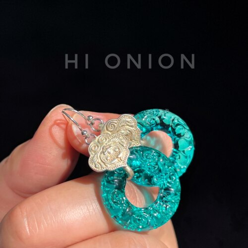 Hi Onion原创小众水鸭蓝做旧耳环耳夹高级感新中式旗袍国风耳饰