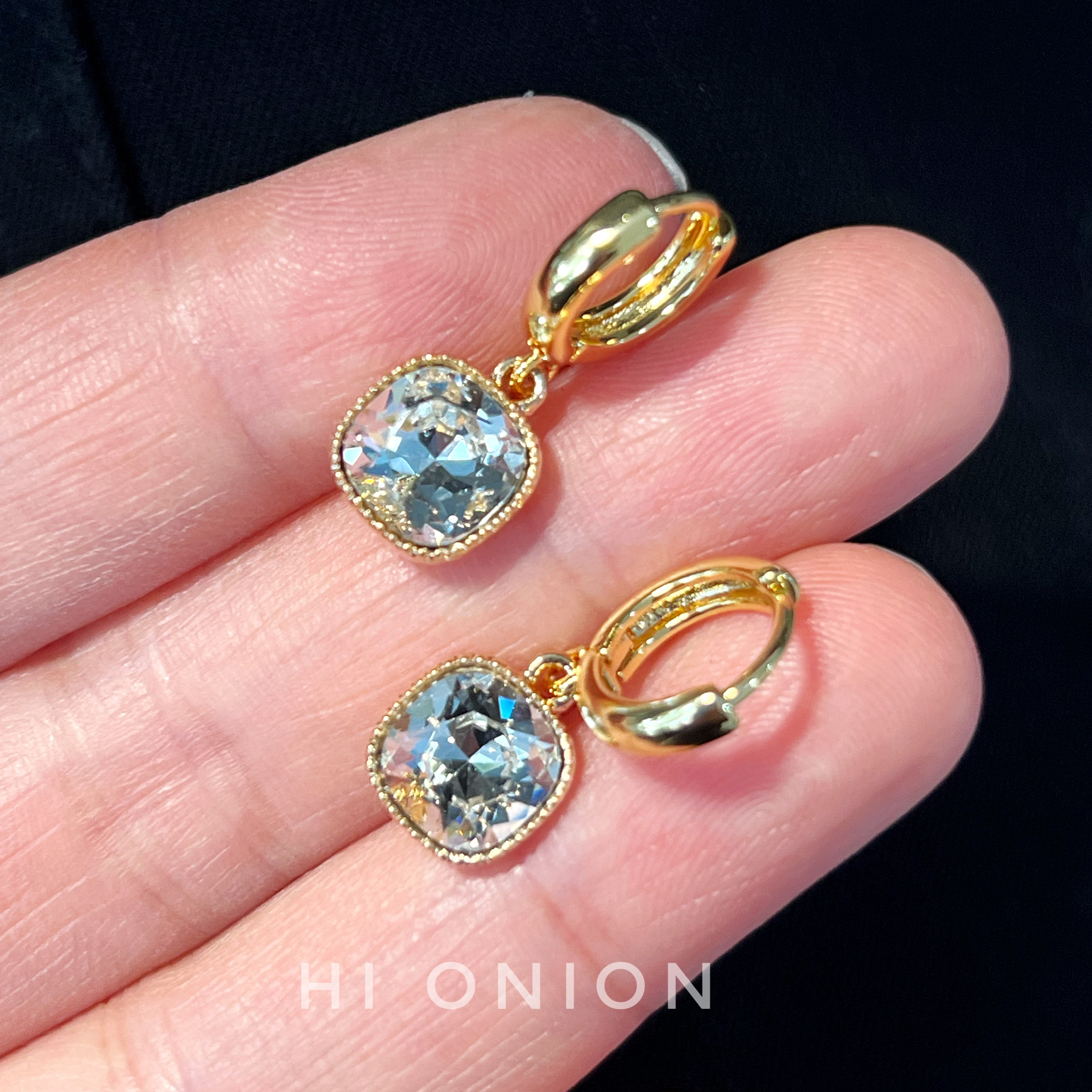 Hi Onion 小众时髦超闪锆石方块耳扣耳夹百搭耳饰