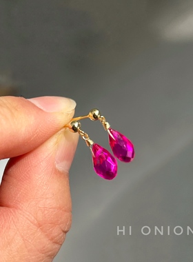 Hi Onion小众设计玫红色火龙果色水滴镀金耳钉个性显白耳夹复古