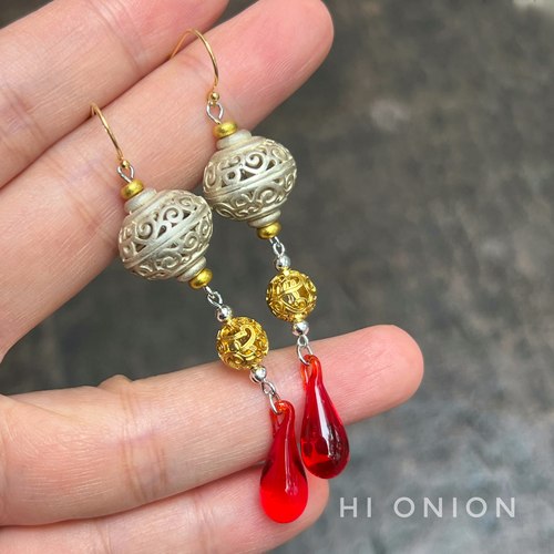 Hi Onion《繁光》原创小众新中式红色长款耳环复古国风耳夹