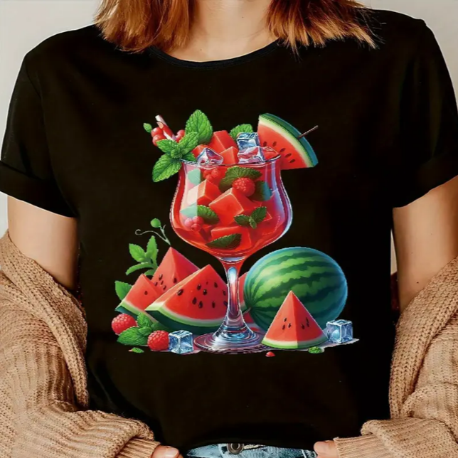 Watermelon T shirt 新款西瓜酒杯印花T恤女宽松休闲短袖上衣服