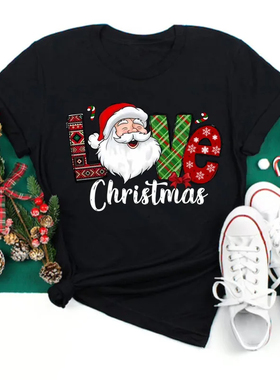 Christmas Love T shirt 可爱圣诞节圣诞老人印花短袖T恤亲子装