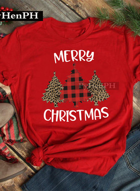 Christmas Tshirt 新款圣诞节圣诞树T恤男女情侣亲子红色短袖上衣
