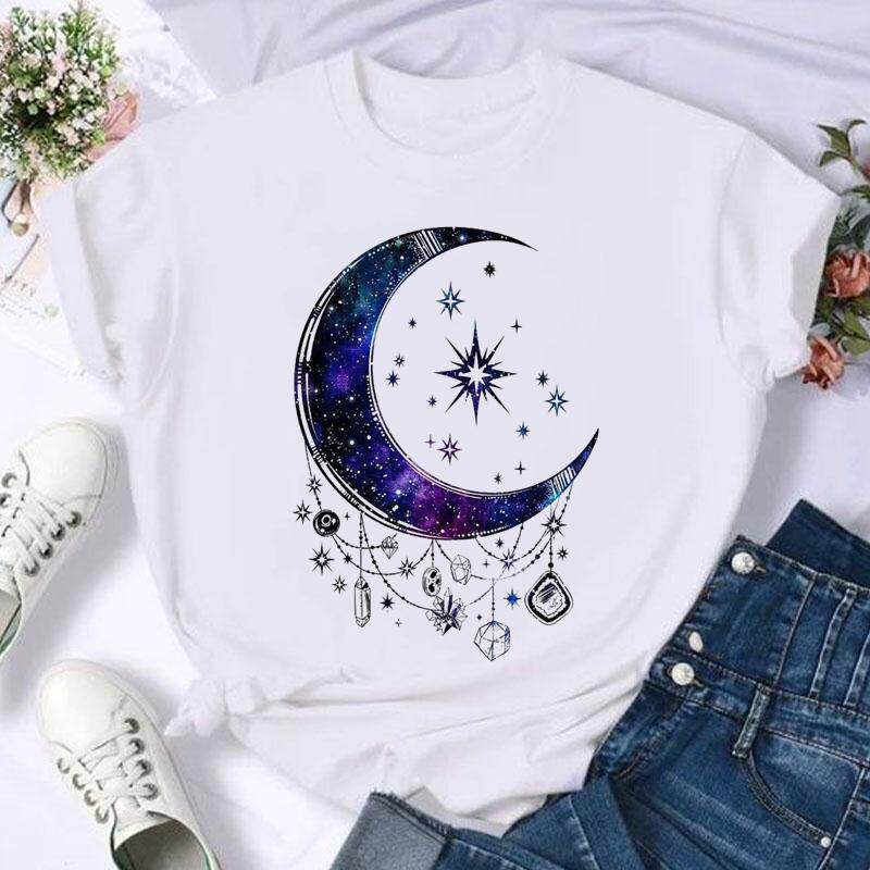 Moon T shirt Women 欧美个性月亮星空印花T恤男女休闲莫代尔体恤