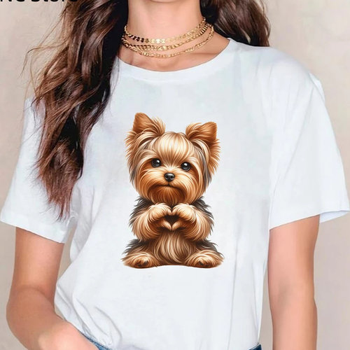Cute Dog T shirt 卡通可爱狗狗比爱心印花T恤女休闲大码女装上衣