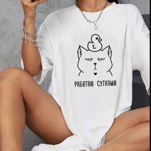 Cat 短袖 卡通可爱猫咪印花女士大码 T恤上衣圆领体恤 shirt Cute