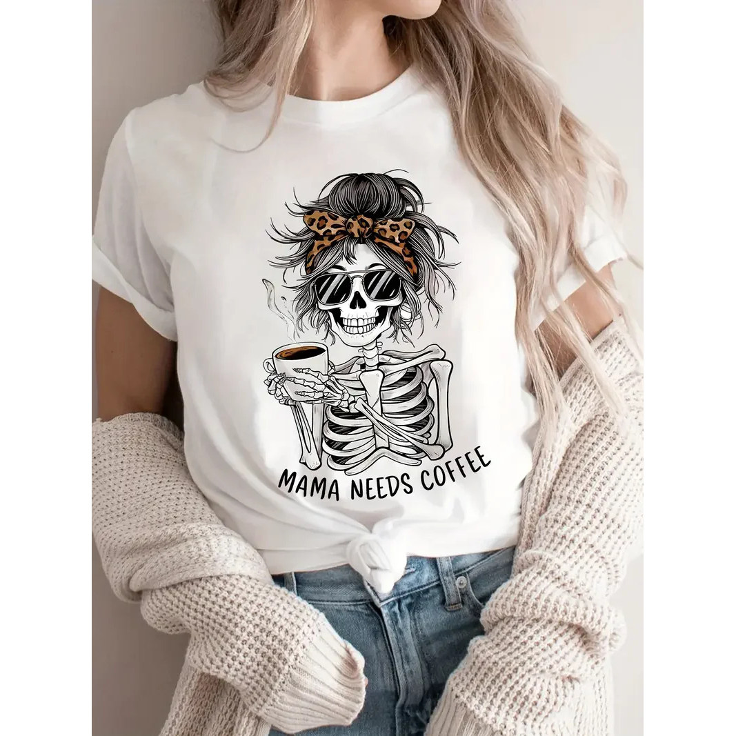 Skull Mama T shirt 个性原宿骷髅妈妈要喝咖啡印花夏季短袖T恤
