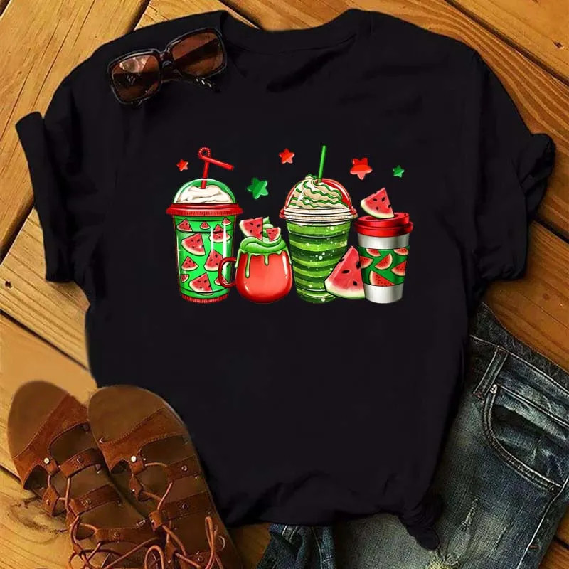 Watermelon Coffee T Shirt 新款女士T恤时尚西瓜咖啡印花体恤衫