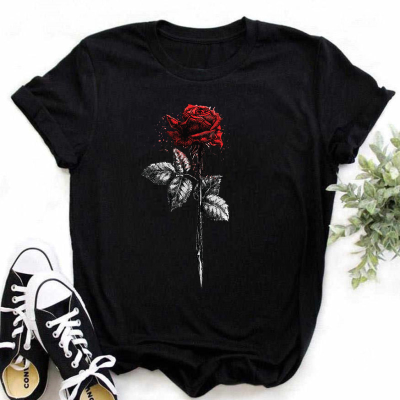 Flower T shirt 新款玫瑰鲜花短袖T恤女时尚大码夏季黑色上衣服