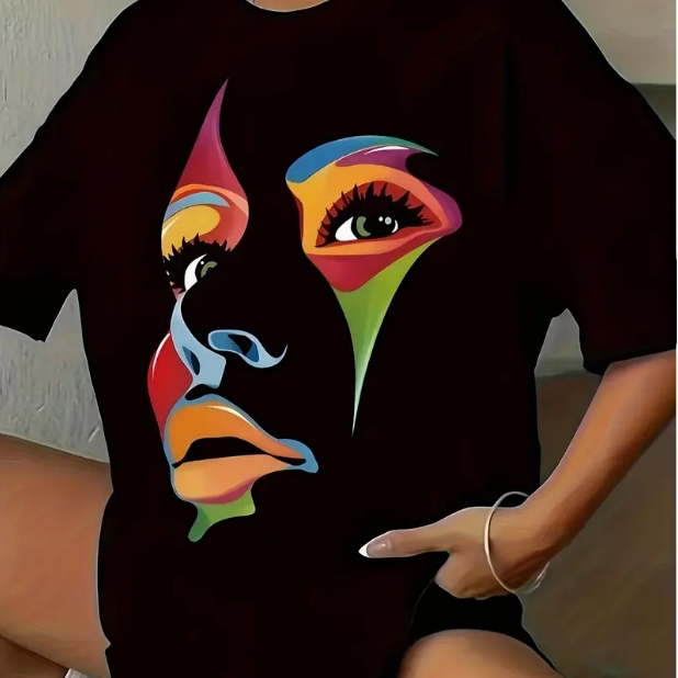 Face T shirt 2025年潮流时尚人脸印花女士夏季T恤短袖新款上衣服