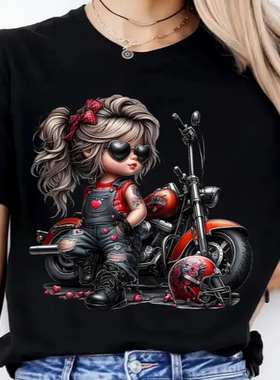 Motorcycle Girl T shirt 个性非主流机车少女印花圆领短袖T恤衫