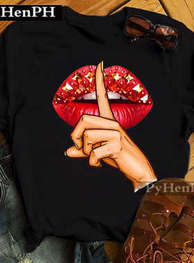 Sexy Lips Black Tshrit 欧美个性性感嘴唇印花黑色短袖体恤T恤女