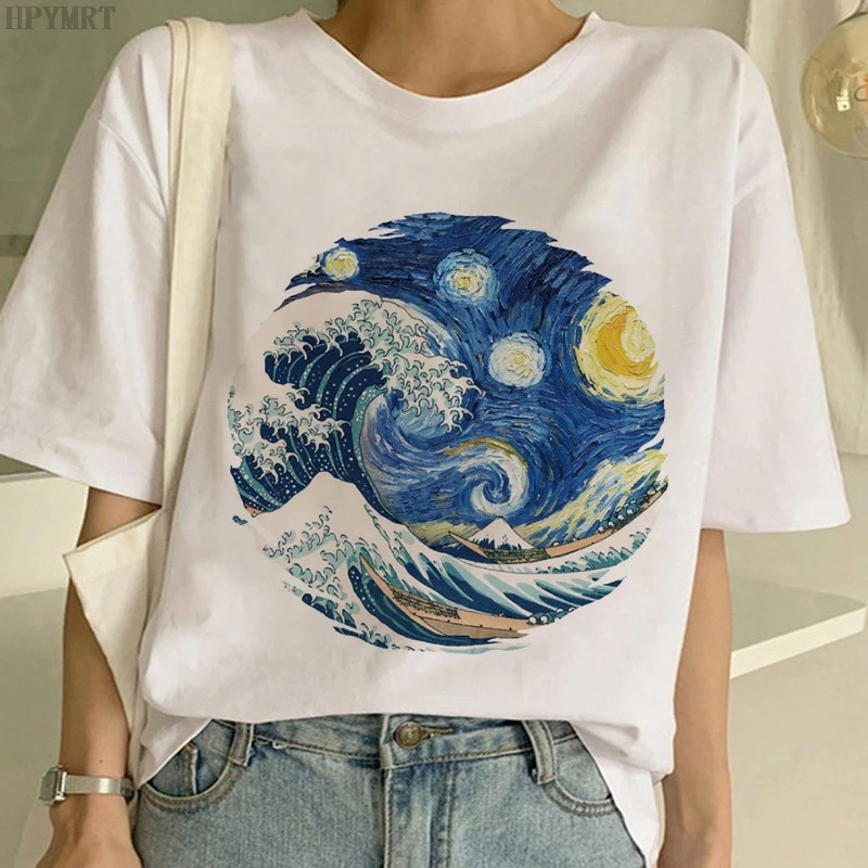 Ocean Wave T shirt 日系海浪油画印花女士夏季短袖T恤圆领半袖衫图片