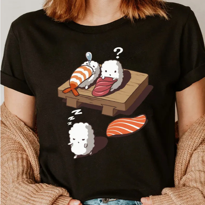 Sushi T shirt 可爱卡通寿司印花女士T恤短袖休闲黑色百搭亲子装