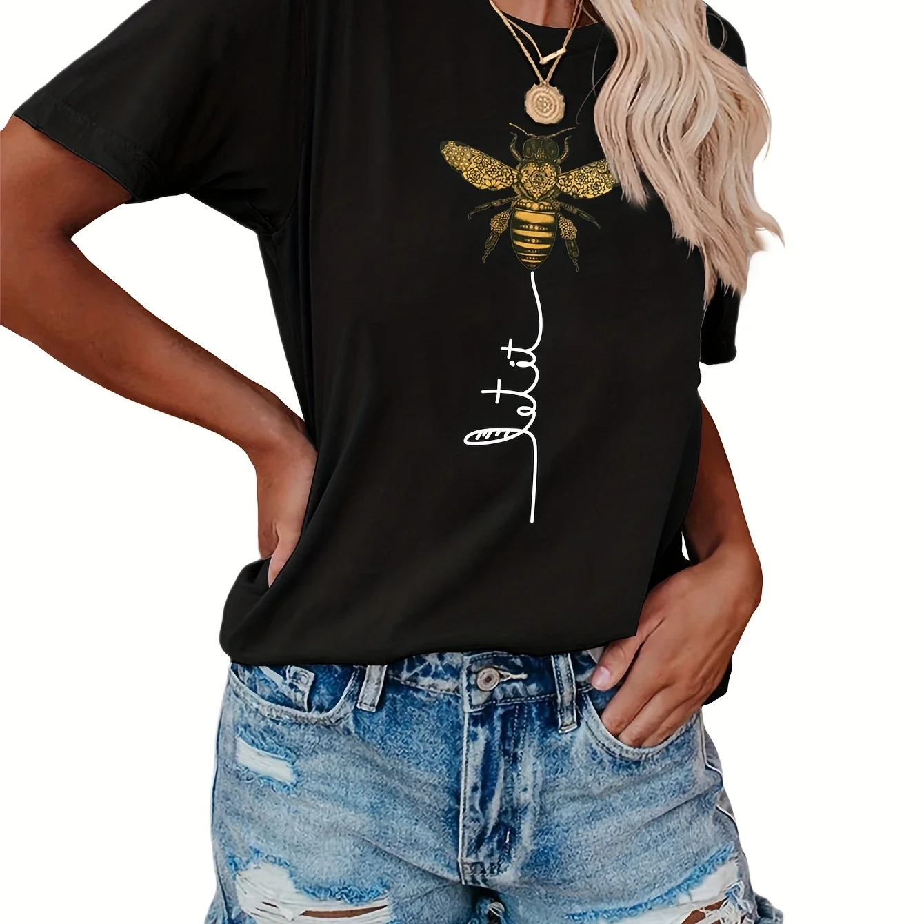 Bee T shirt 时尚个性蜜蜂印花女士夏季T恤打底衫圆领短袖亲子装