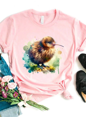 Bird Polish T shirt 夏季粉色T恤女卡通毛绒小鸟印花圆领短袖T恤