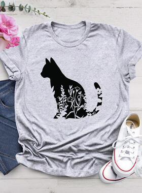 Black Cat T shirt 新款灰色T恤上衣黑色猫咪印花短袖圆领体恤衫