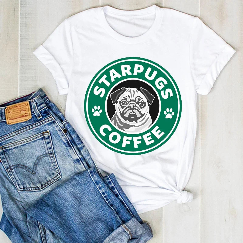 Pug Coffee T shirt 夏季白色短袖斗牛犬狗印花女士T恤大码亲子装