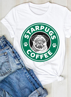 Pug Coffee T shirt 夏季白色短袖斗牛犬狗印花女士T恤大码亲子装