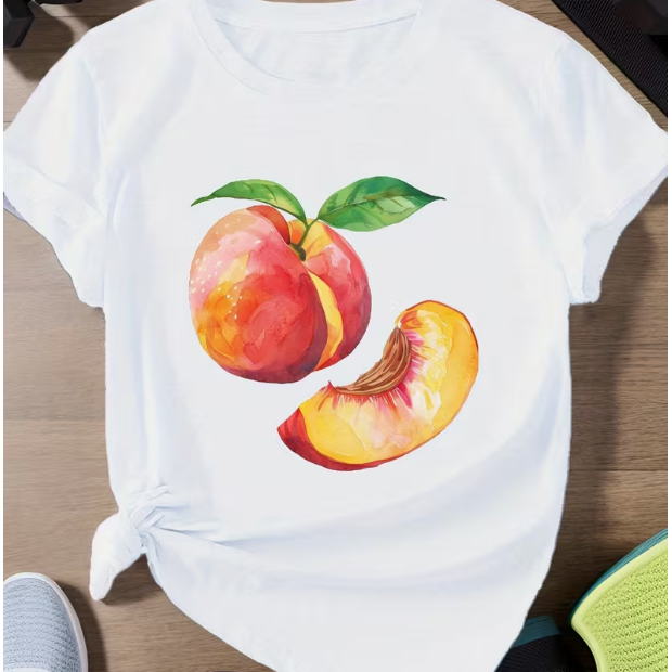 Peach T shirt 新款夏季女装个性水果桃子印花圆领短袖T恤打底衫