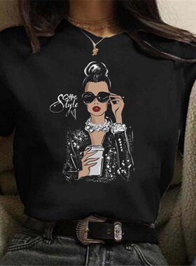 Coffee Style Women T shirt 夏季黑色女士大版T恤欧美风短袖上衣