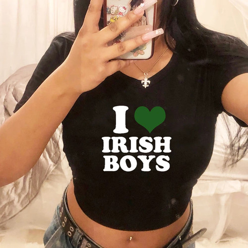 I LOVE IRISH BOYS T Shirt 夏季女装T恤性感露脐短装上衣女士T恤